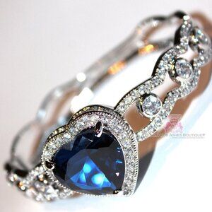 Love Womens Ladies Heart for Jerusalem Sapphire Ocean Blue Cz Cuff Bracelet 7.5"